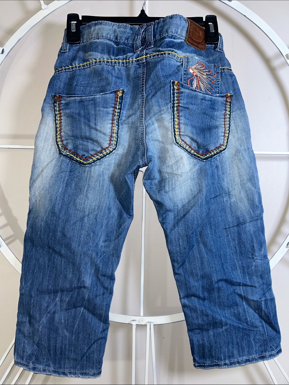 Vintage Bebe Y2K Multicolor Embroidered Indian Chief Denim Capri Jorts Rare